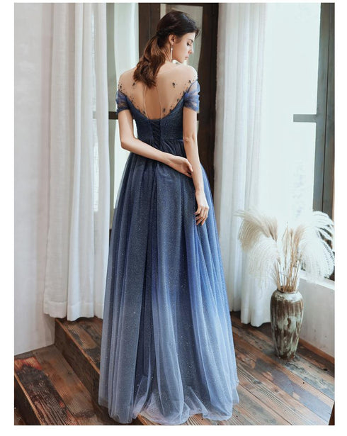 Unique Tulle Beaded Gradient A-line Sweetheart Long Prom Dress, Tulle Formal Dress Evening Gown