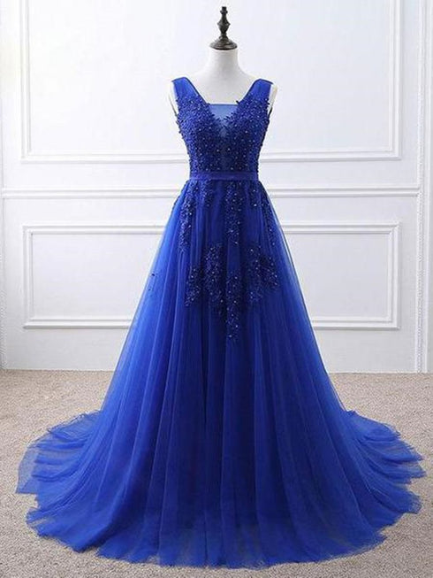 Beautiful Blue Tulle Long Prom Dress , Blue Formal Gown