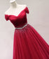 Beautiful Dark Red Tulle Off Shoulder Long Prom Dress, Beaded Party Dress