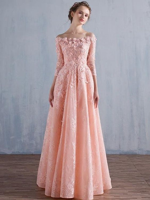Pink Lace 1/2 Sleeves Off Shoulder Elegant Prom Dress, Long Floor Length Party Dress