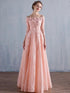Pink Lace 1/2 Sleeves Off Shoulder Elegant Prom Dress, Long Floor Length Party Dress