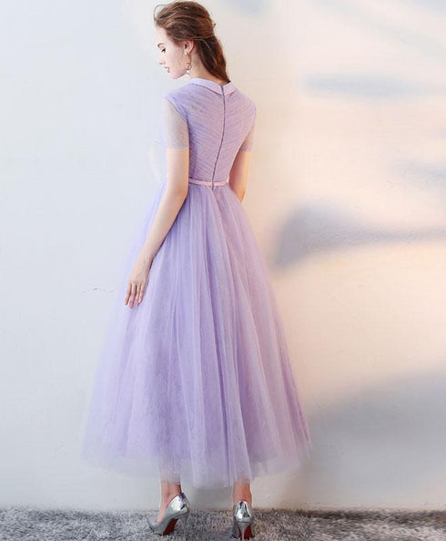Beautiful Light Purple Tea Length Wedding Party Dress, Lace Short Sleeves Prom Dress