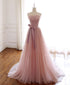 Simple Pink Fashionable Scoop Tulle Long Wedding Party Dress with Bow, Pink Long Formal Dress