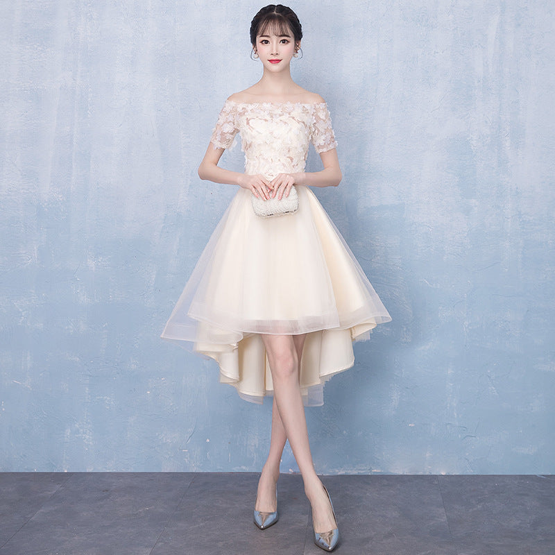 Champagne A Line Tulle Short Off Shoulder Lace Prom Homecoming Dress