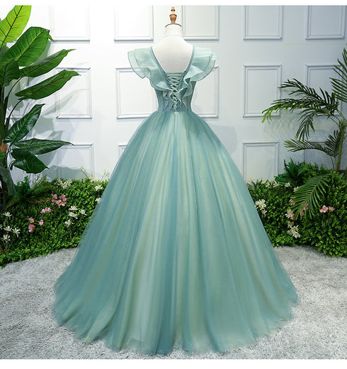Gorgeous Green Long Tulle with Lace Applique Sweet 16 Dress, Green Formal Gown