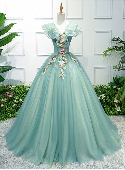 Gorgeous Green Long Tulle with Lace Applique Sweet 16 Dress, Green Formal Gown