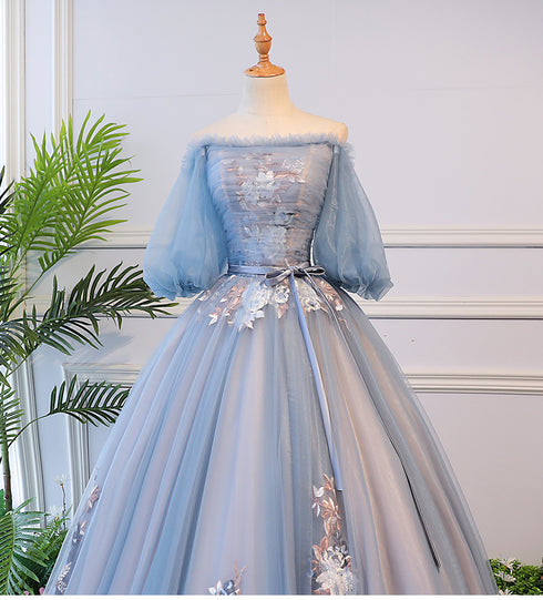 Beautiful Blue Tulle Off Shoulder with Lace Floral Long Party Dress, Cute Party Dress Prom Dress