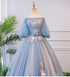 Beautiful Blue Tulle Off Shoulder with Lace Floral Long Party Dress, Cute Party Dress Prom Dress