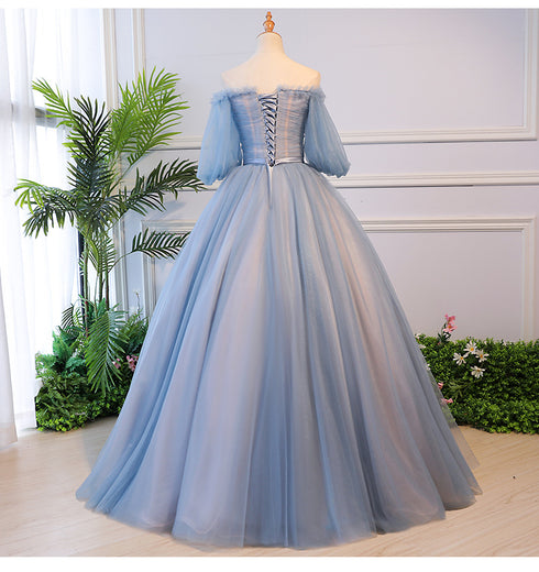 Beautiful Blue Tulle Off Shoulder with Lace Floral Long Party Dress, Cute Party Dress Prom Dress