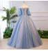 Beautiful Blue Tulle Off Shoulder with Lace Floral Long Party Dress, Cute Party Dress Prom Dress