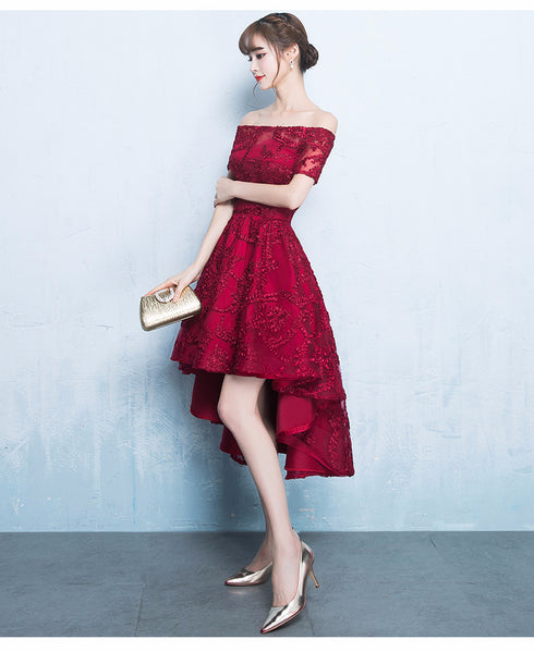Fashionable High Low Dark Red Lace Party Dress, Homecoming Dresses