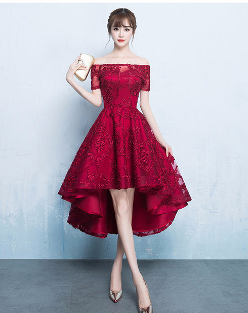 Fashionable High Low Dark Red Lace Party Dress, Homecoming Dresses