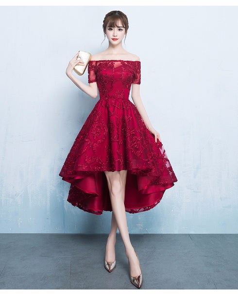 Fashionable High Low Dark Red Lace Party Dress, Homecoming Dresses
