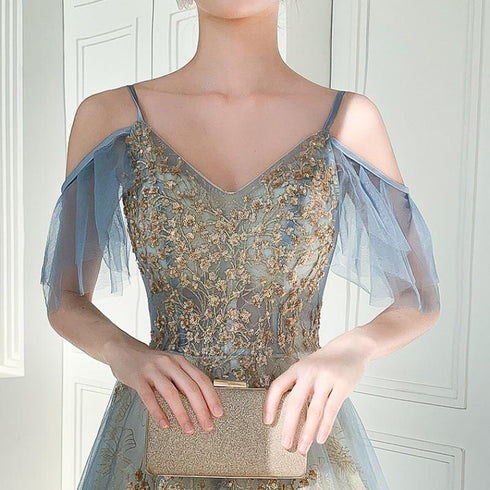 Beautiful Light Blue V-neckline Long Lace Applique Formal Dress, Blue Evening Gown