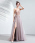 Pink Chic Tulle Slit V-neckline Beaded Party Dresses, A-line Dark Pink Prom Dress Party Dress