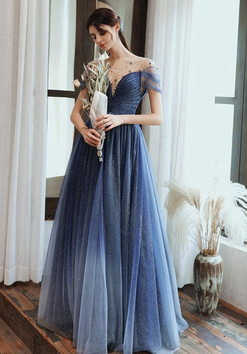Unique Tulle Beaded Gradient A-line Sweetheart Long Prom Dress, Tulle Formal Dress Evening Gown