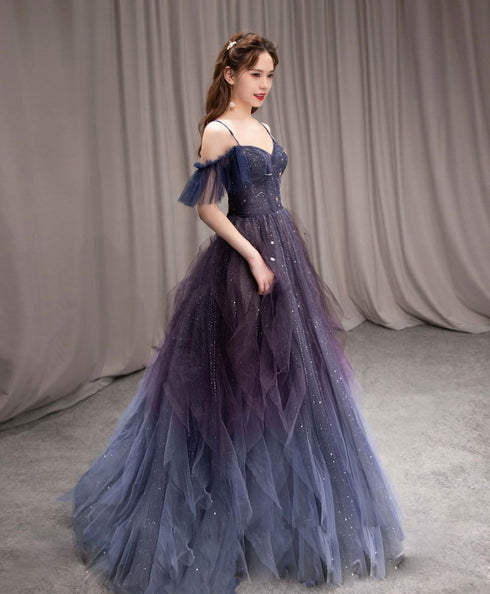 A Line Off the Shoulder Blue Purple Gradient Color Tulle Prom Dresses, Tulle Formal Dresses