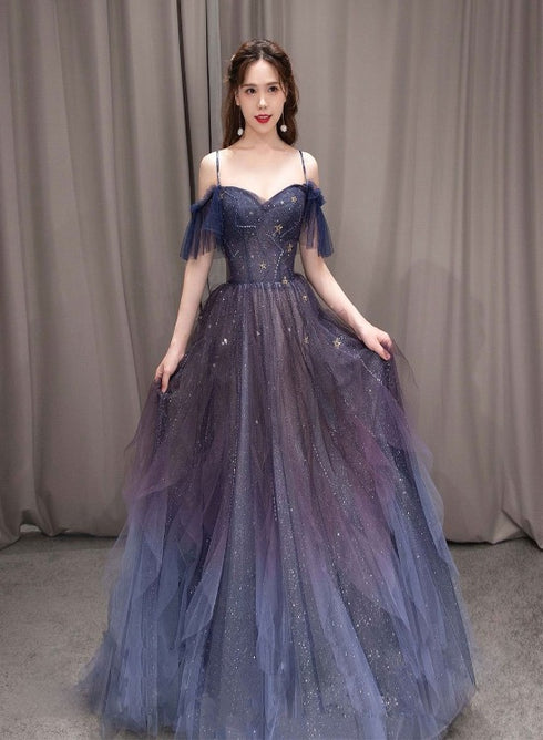 A Line Off the Shoulder Blue Purple Gradient Color Tulle Prom Dresses, Tulle Formal Dresses