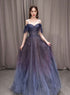A Line Off the Shoulder Blue Purple Gradient Color Tulle Prom Dresses, Tulle Formal Dresses