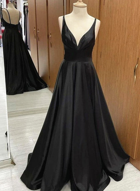 V-necklineBlack Long Satin A-line Prom Dresses, V Neck Black Formal Dresses Party Dresses
