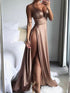 Sexy V-neckline A-line High Leg Slit Soft Satin Party Dress, Straps Evening Dress Formal Dress
