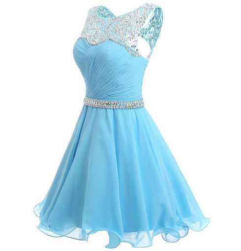 Beautiful Beaded Chiffon Round Neckline Short Party Dress, Blue Chiffon Homecoming Dresses