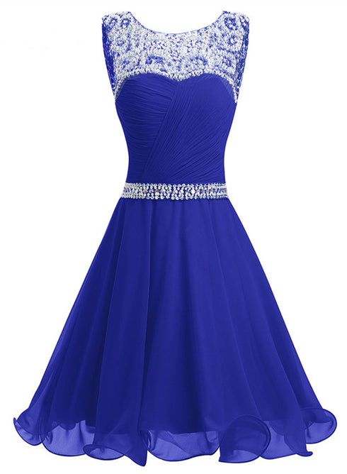 Beautiful Beaded Chiffon Round Neckline Short Party Dress, Blue Chiffon Homecoming Dresses