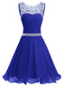 Beautiful Beaded Chiffon Round Neckline Short Party Dress, Blue Chiffon Homecoming Dresses