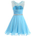 Beautiful Beaded Chiffon Round Neckline Short Party Dress, Blue Chiffon Homecoming Dresses