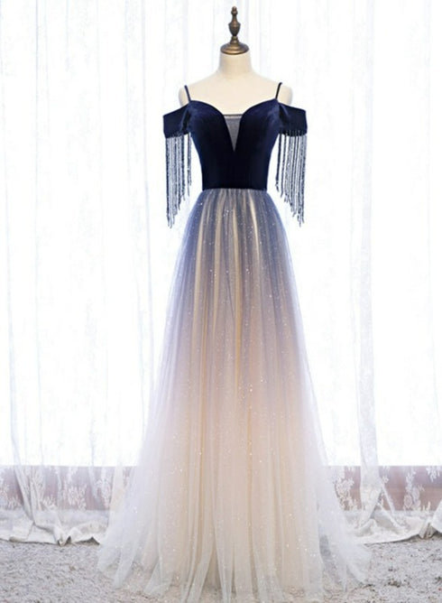 Beautiful Blue Gradient Tulle Long Party Dresses,A-line Off Shoulder Formal Dresses