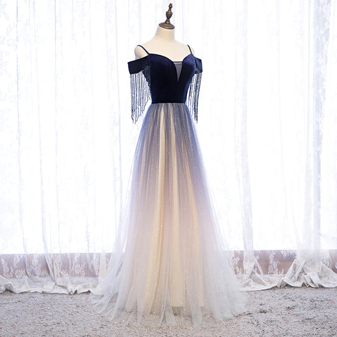 Beautiful Blue Gradient Tulle Long Party Dresses,A-line Off Shoulder Formal Dresses