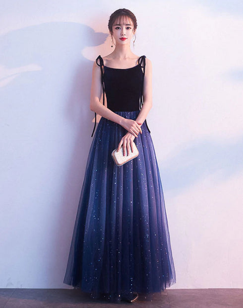 Beautiful Blue Gradient Tulle and Velvet Long Straps Prom Dress, Blue Evening Dresses