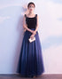 Beautiful Blue Gradient Tulle and Velvet Long Straps Prom Dress, Blue Evening Dresses
