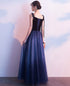 Beautiful Blue Gradient Tulle and Velvet Long Straps Prom Dress, Blue Evening Dresses
