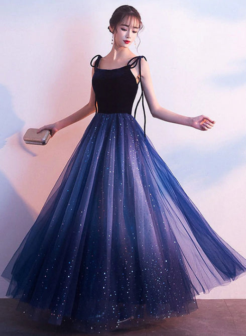 Beautiful Blue Gradient Tulle and Velvet Long Straps Prom Dress, Blue Evening Dresses