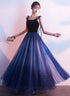Beautiful Blue Gradient Tulle and Velvet Long Straps Prom Dress, Blue Evening Dresses