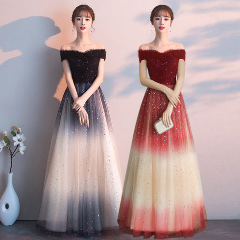 Beautiful Gradient Tulle Sequins Off Shoulder Wedding Party Dresses, A-line Tulle Formal Gown