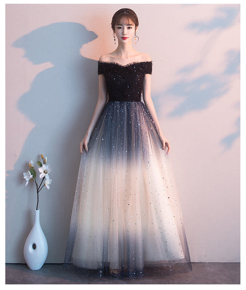 Beautiful Gradient Tulle Sequins Off Shoulder Wedding Party Dresses, A-line Tulle Formal Gown