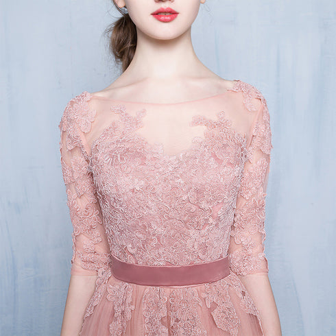 Beautiful Pink Short Sleeves Tulle with Lace A-line Party Dress, Dark Pink Wedding Party Dresses