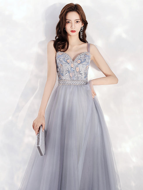 Beautiful Sweetheart Blue-grey Tulle Beaded Long Party Dress, Straps A-line Prom Dress