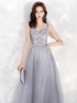 Beautiful Sweetheart Blue-grey Tulle Beaded Long Party Dress, Straps A-line Prom Dress