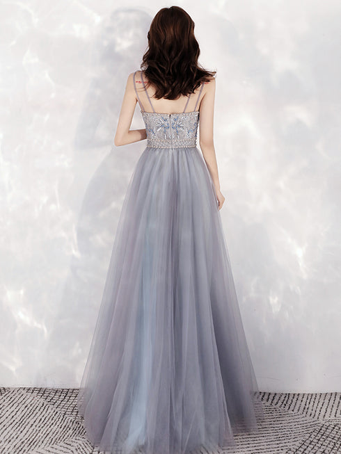 Beautiful Sweetheart Blue-grey Tulle Beaded Long Party Dress, Straps A-line Prom Dress