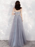 Beautiful Sweetheart Blue-grey Tulle Beaded Long Party Dress, Straps A-line Prom Dress