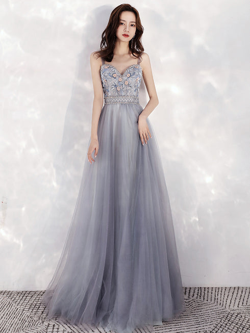 Beautiful Sweetheart Blue-grey Tulle Beaded Long Party Dress, Straps A-line Prom Dress