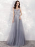 Beautiful Sweetheart Blue-grey Tulle Beaded Long Party Dress, Straps A-line Prom Dress
