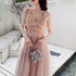 Beautiful V-neckline Pink Tulle with Lace Long Party Dresses, A-line Pink Formal Dresses