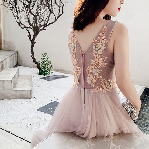 Beautiful V-neckline Pink Tulle with Lace Long Party Dresses, A-line Pink Formal Dresses