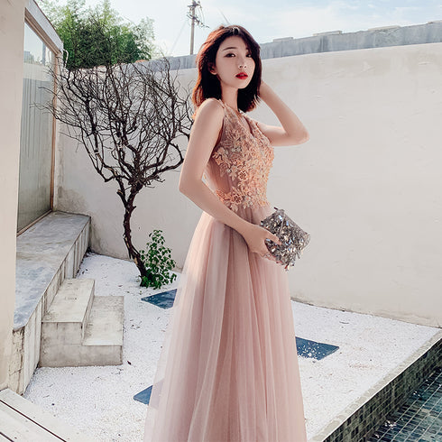 Beautiful V-neckline Pink Tulle with Lace Long Party Dresses, A-line Pink Formal Dresses