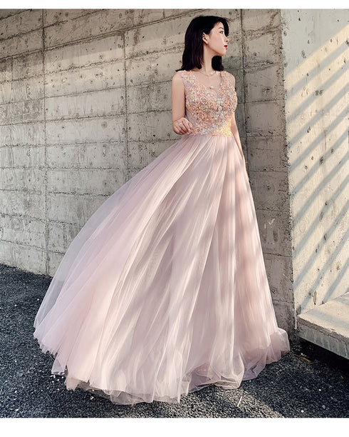 Beautiful V-neckline Pink Tulle with Lace Long Party Dresses, A-line Pink Formal Dresses