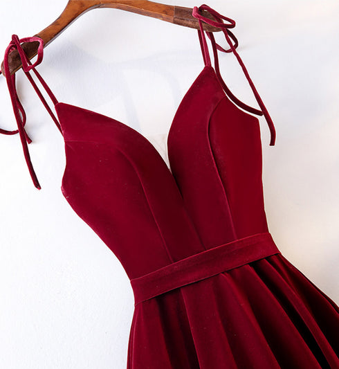 Beautiful Velvet Straps Long V-neckline Long Party Dress, Velvet Bridesmaid Dresses